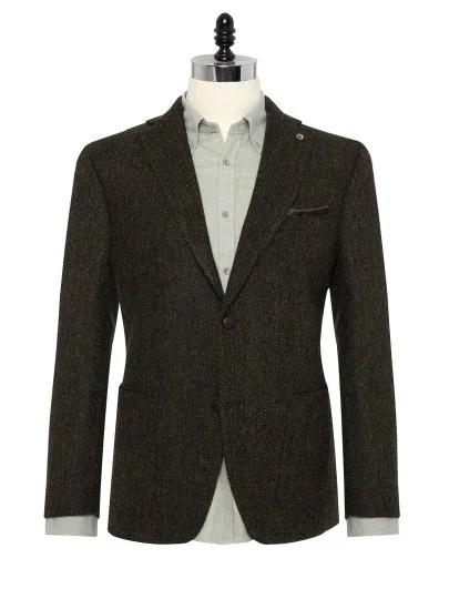 Carl Gross Harris Tweed Yeşil Taba Balıksırtı Kolu Peçli Yün Ceket - Carl Gross