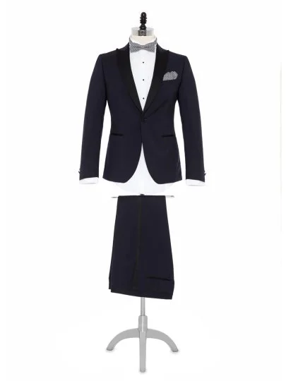Carl Gross 100% Wool Navy Blue Peak Lapel Collar Satin Garnish Slim Fit Tuxedo Suit - Carl Gross