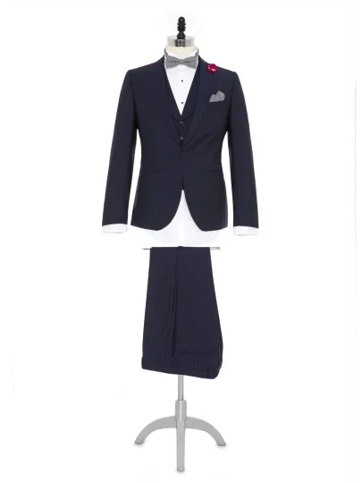 Carl Gross 100% Wool Navy Blue Self-Patterned Peak Lapel Collar Slim Fit Vested Tuxedo Suit - Carl Gross
