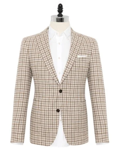 Carl Gross Beige Plaid Carlo Barbera Regular Fit Wool Silk Cotton Jacket - Carl Gross