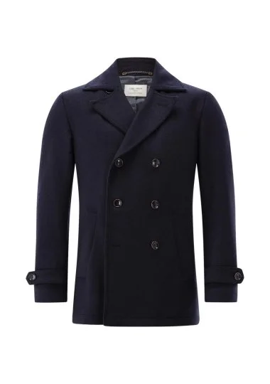 Carl Gross Navy Blue Textured Wool Double Breasted Men's Coat - Carl Gross