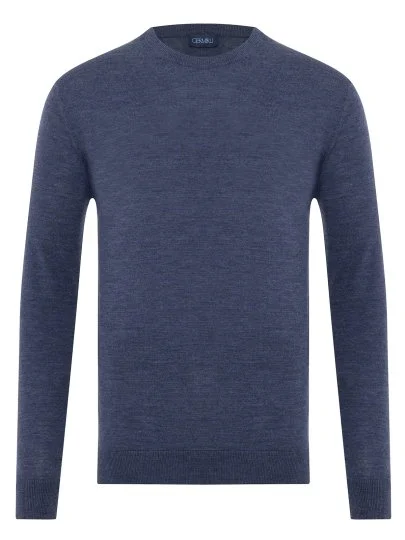 Crew Neck Airy Blue Merino Wool Sweater with Germirli - Germirli 