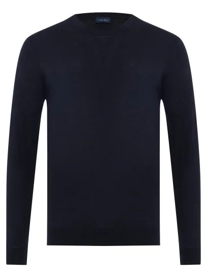 Germirli Navy Blue Merino Wool Sweater with Crew Neck - Germirli 