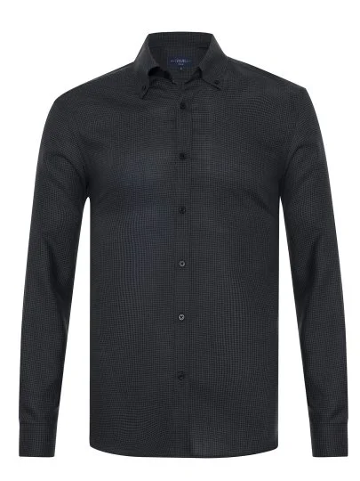Germirli Black Anthracite Patterned Thomas Mason Button-down Collar Tailor Fit Pure Wool Shirt - Germirli 