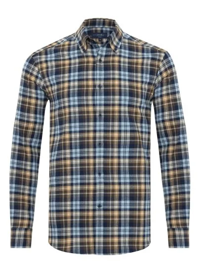 Germirli Blue Coffee Flannel Plaid Albiate Button-down Collar Tailor Fit Cotton Lumberjack Shirt - Germirli 