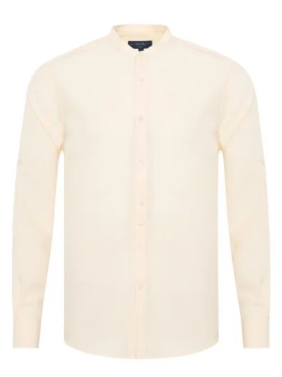 Germirli Cream Color Tailor Fit Men's Stand Collar Lyocell Linen Shirt - Germirli 