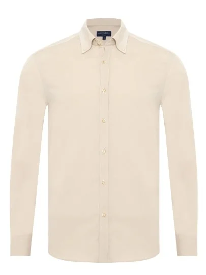 Germirli Cream Color Thin Velvet Albini Button-down Collar Tailor Fit Pure Cotton Shirt - Germirli 