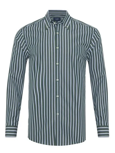 Germirli Green Blue Striped Button-down Collar Exclusive Tailor Fit Cotton Shirt - Germirli 