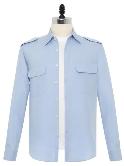 Germirli Light Blue Cotton Linen Tencel Epaulette Double Flap Pocket Foldable Sleeve Hello Shirt - Germirli 