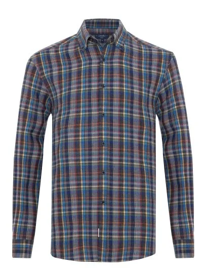 Multicolored Plaid Thomas Mason Flannel Button-down Collar Tailor Fit Wool Shirt with Germirli - Germirli 