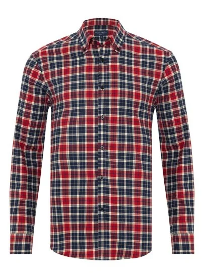 Red Navy Flannel Plaid Albiate Button-Down Collar Tailor Fit Cotton Lumberjack Shirt with Germirli - Germirli 