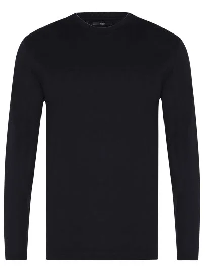 Gallus Navy Blue Slim Fit Knitted Crew Neck Cotton Long Sleeve T-Shirt - Gallus