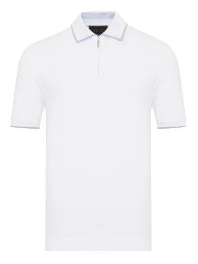 Gallus White Zippered Polo Collar Pique Mercerized Regular Fit T-Shirt - Gallus