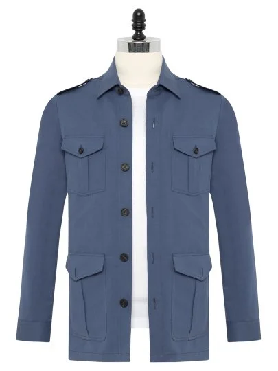 Germirli Albini Aviator Blue Utility Flap Pocket Cotton Linen Safari Jacket Shirt - Germirli 