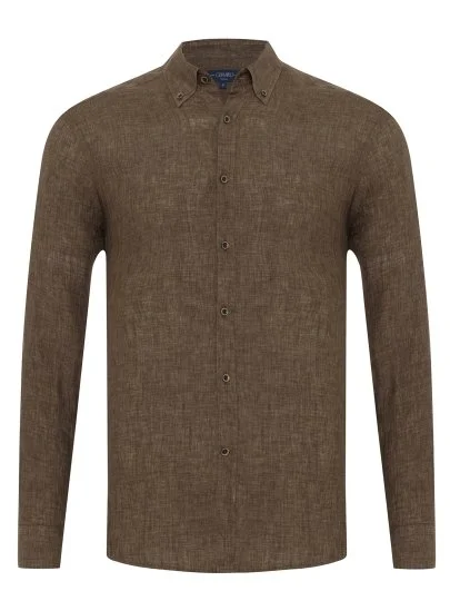 Germirli Albini Brown Button-down Collar Tailor Fit Delave Linen Shirt - Germirli 