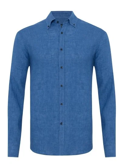 Germirli Albini Cobalt Blue Button-down Collar Tailor Fit Pure Linen Shirt - Germirli 
