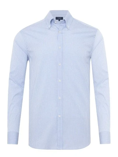 Germirli Albini Exclusive Blue Gingham Piumino 120 Tailor Fit Cotton Shirt - Germirli 