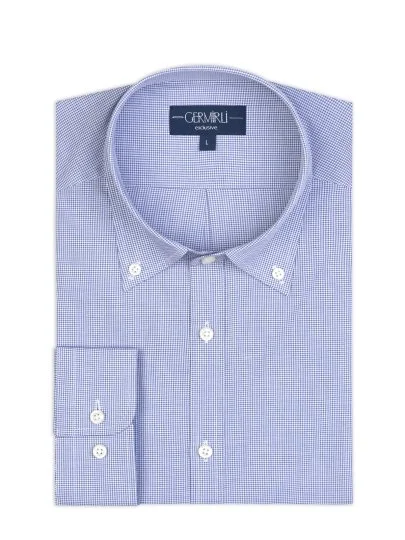 Germirli Albini Exclusive Navy Blue Gingham Patterned Button-down Collar Tailor Fit Cotton Shirt - Germirli 