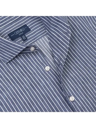 Germirli Albini Indigo White Striped Nevapas Lapel Collar Linen Lyocell Shirt - Germirli 