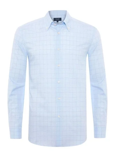 Germirli Albini Natural Germirli Exclusive Blue Patterned Tailor Fit Button-down Collar Organic Cotton Shirt - Germirli 