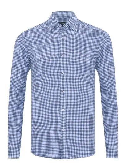Germirli Albini Navy Blue White Gingham Button-down Collar Tailor Fit Delave Linen Shirt - Germirli 