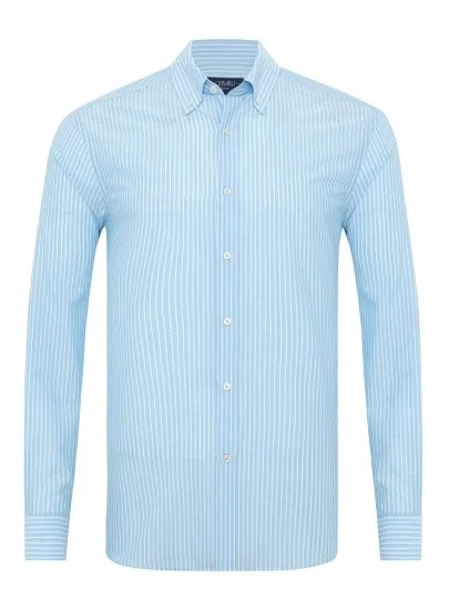 Germirli Albini Turquoise Striped Button-Down Collar Tailor Fit Cotton Shirt - Germirli 