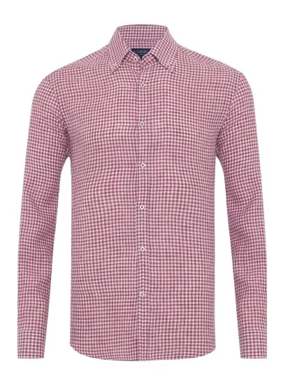 Germirli Albini Cherry White Gingham Button-down Collar Tailor Fit Delave Linen Shirt - Germirli 