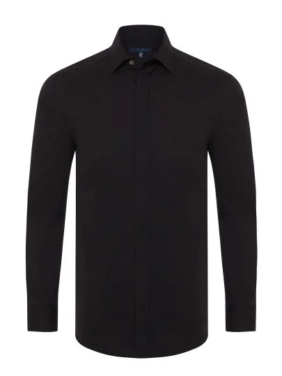 Germirli Black Poplin Classic Collar Tailor Fit Hidden Placket Cotton Elastane Shirt - Germirli 