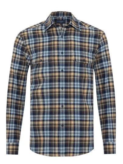 Germirli Blue Coffee Soft Collar Flannel Plaid Tailor Fit Albiate Cotton Lumberjack Shirt - Germirli 