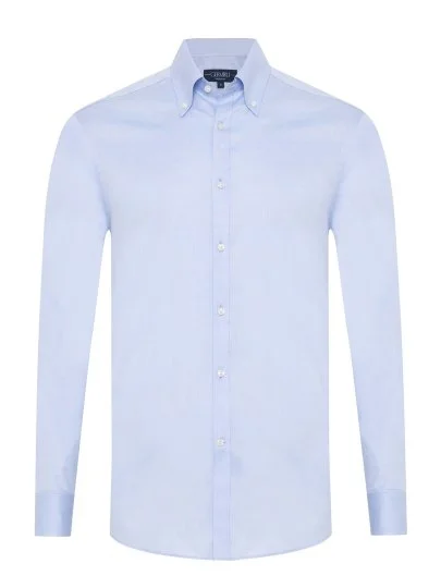 Germirli Blue Exclusive Panama Texture Button-down Collar Tailor Fit Cotton Shirt - Germirli 