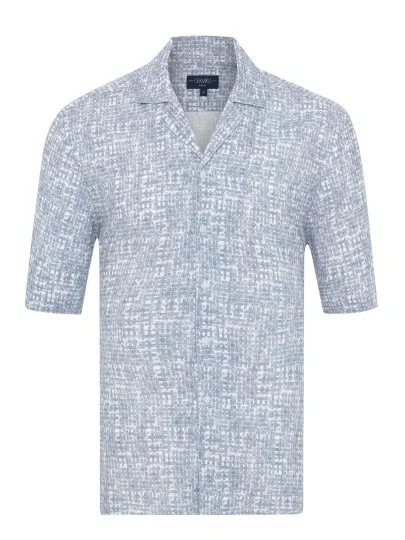 Germirli Blue Geometric Patterned Tailor Fit Hawaiian Collar Summer Cotton Linen Shirt - Germirli 