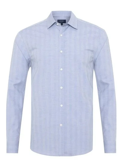 Germirli Blue Herringbone Patterned Striped Soft Collar Tailor Fit Cotton Shirt - Germirli 