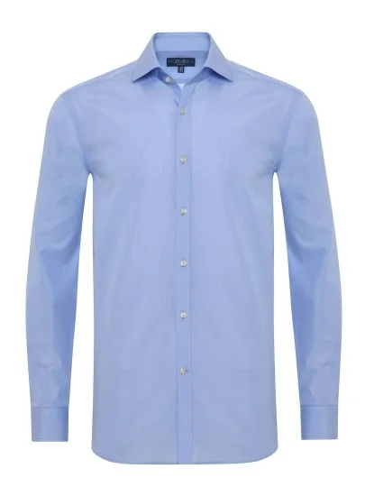 Germirli Blue Plain Tailor Fit Relaxed Fit Italian Collar Satin Textured Cotton Exclusive Shirt - Germirli 