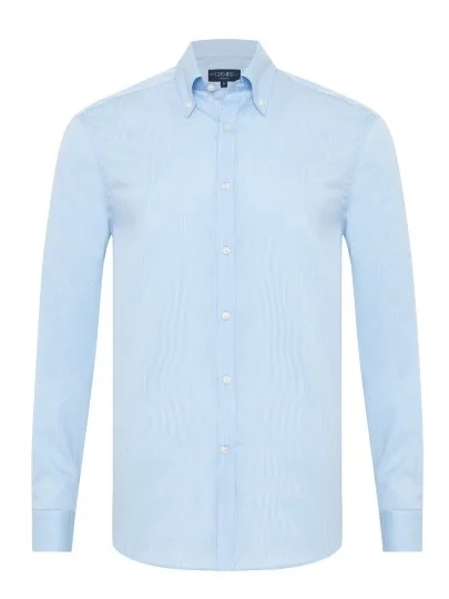 Exclusive Button-down Collar Tailor Fit Cotton Shirt with Germirli Blue Stripes - Germirli 