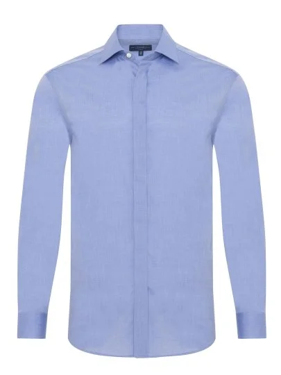 Germirli Blue Tailor Fit Hidden Placket Classic Collar 70/1 Cotton Shirt - Germirli 