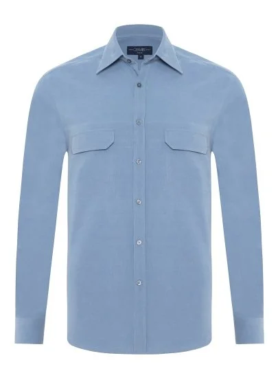 Germirli Blue Thin Velvet Soft Collar Albini Tailor Fit Utility Pure Cotton Shirt - Germirli 