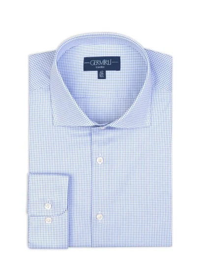 Germirli Blue White Checkered Tailor Fit Journey Twill Non Iron Cotton Italian Collar Shirt - Germirli 