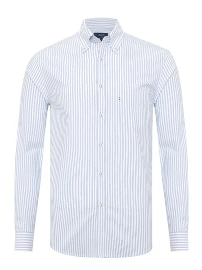 Germirli Blue White Striped Button-Down Collar Pocket Tailor Fit Oxford Sport Shirt - Germirli 