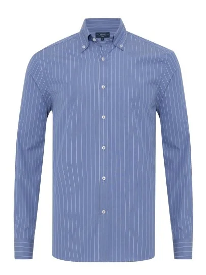 Germirli Blue White Striped Button Down Collar Tailor Fit Cotton Shirt - Germirli 