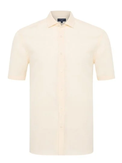 Germirli Cream Color Tailor Fit Soft Collar Lyocell Linen Short Sleeve Men's Shirt - Germirli 
