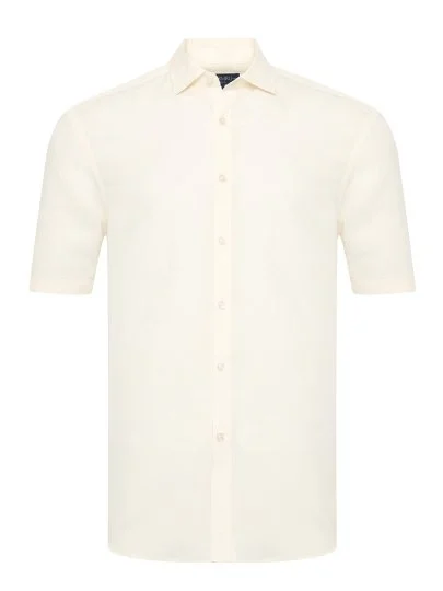 Germirli Cream Color Soft Collar Tailor Fit Short Sleeve Tencel Linen Shirt - Germirli 