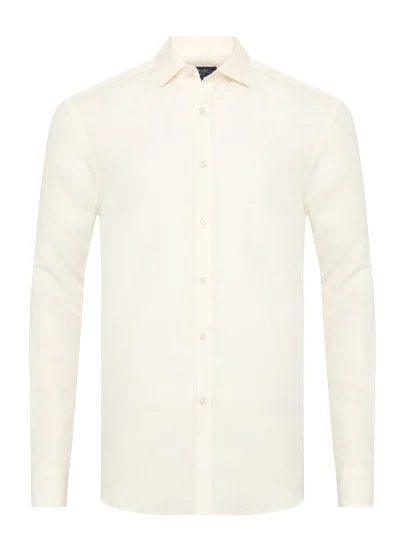 Cream Color Soft Collar Tailor Fit Tencel Linen Shirt with Germirli Hem - Germirli 