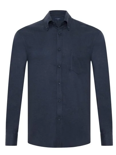 Germirli Navy Blue Herringbone Pattern Albini Cotton Lyocell Tencel Tailor Fit Flannel Shirt - Germirli 
