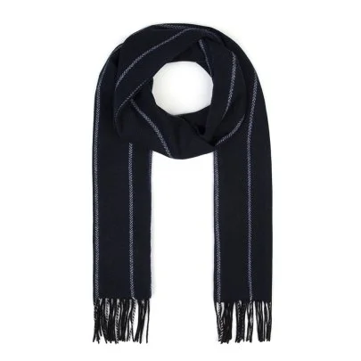 Germirli Wool Scarf with Navy Blue Herringbone and White Stripes - Germirli 