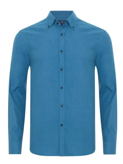 Germirli Dark Blue Plain Tailor Fit Relaxed Fit Button-down Collar Albini Flannel Shirt - Germirli 