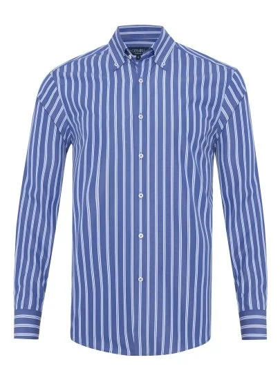 Germirli Dark Blue Striped Button-Down Collar Exclusive Tailor Fit Cotton Shirt - Germirli 