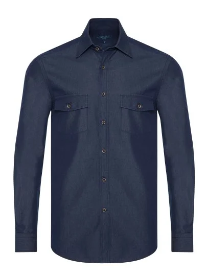 Germirli Dark Navy Double Pocket Flap Soft Collar Tailor Fit Selvedge Denim Shirt - Germirli 