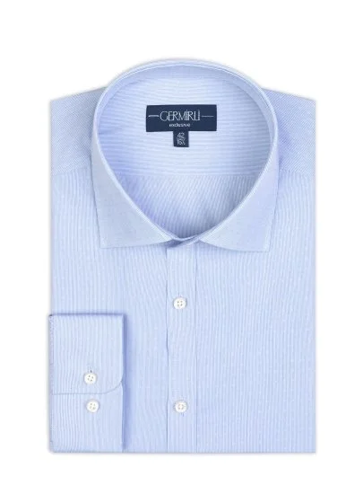 Germirli Exclusive Thin Blue Striped Tailor Fit Classic Collar Albini Piumino Giza Cotton Shirt - Germirli 