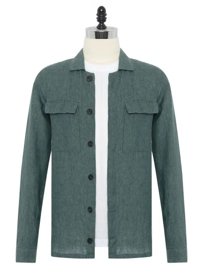 Green Hidden Button Delave Linen Tailor Fit Jacket Shirt with Germirli - Germirli 
