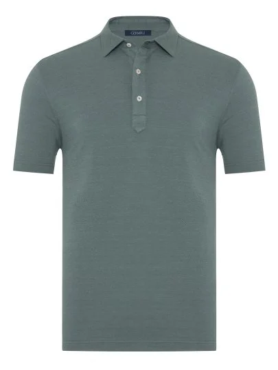 Green Piquet Shirt Collar Regular Fit Mercerized Cotton Tencel T-Shirt with Germirli - Germirli 